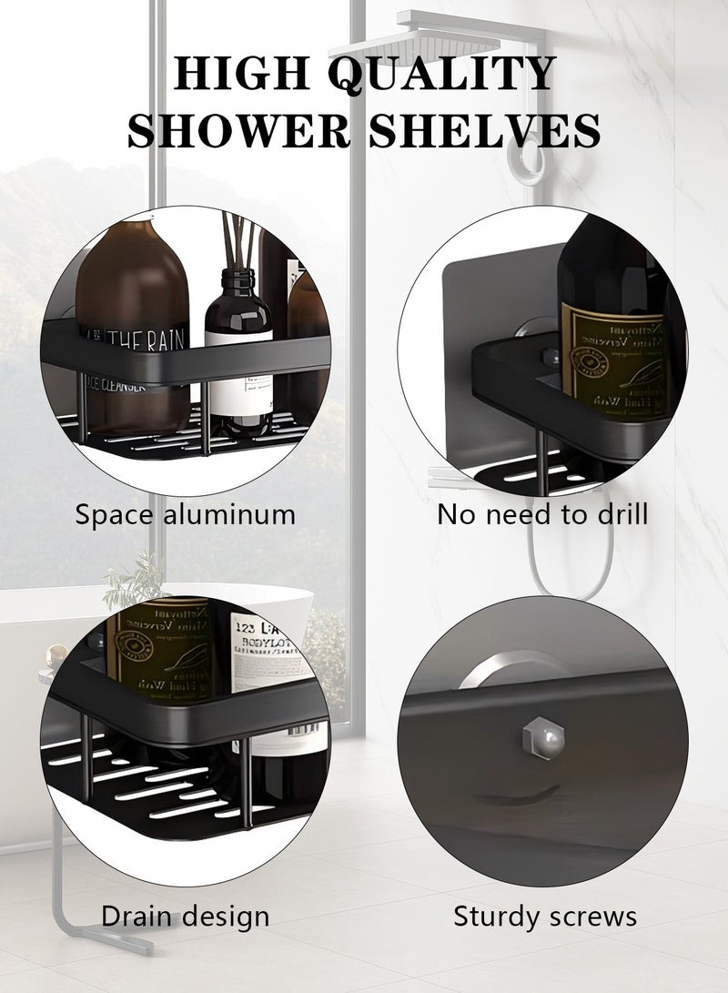 Meishida Long Shower Caddy Shelf, Adhesive Black Bathroom Shower Rack, No Drilling Wall Mounted Shower Organizer, Rustproof Basket for Bathroom, Toilet, Kitchen (2 Pack) - Image 3