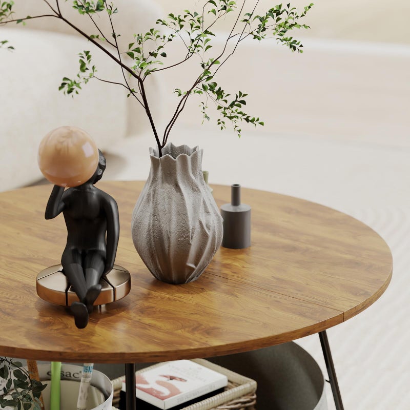 Manora Small Round Coffee Table for Living Room, Modern Center Table with Fabric Basket Storage, Cute Circle Table for Small Spaces, Metal Frame, Brown - Image 3
