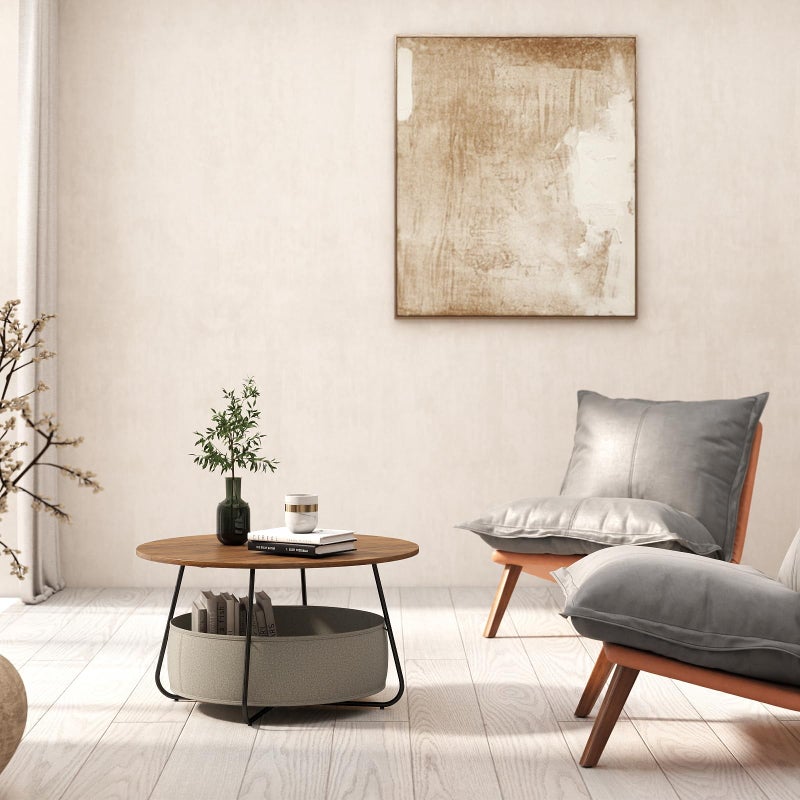 Manora Small Round Coffee Table for Living Room, Modern Center Table with Fabric Basket Storage, Cute Circle Table for Small Spaces, Metal Frame, Brown - Image 4