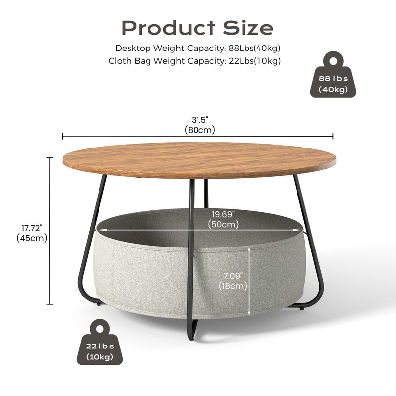 Manora Small Round Coffee Table for Living Room, Modern Center Table with Fabric Basket Storage, Cute Circle Table for Small Spaces, Metal Frame, Brown - Image 2