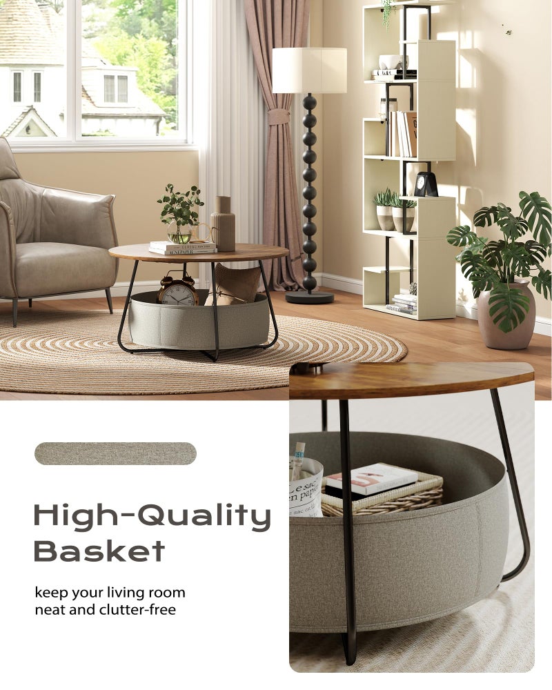Manora Small Round Coffee Table for Living Room, Modern Center Table with Fabric Basket Storage, Cute Circle Table for Small Spaces, Metal Frame, Brown - Image 5
