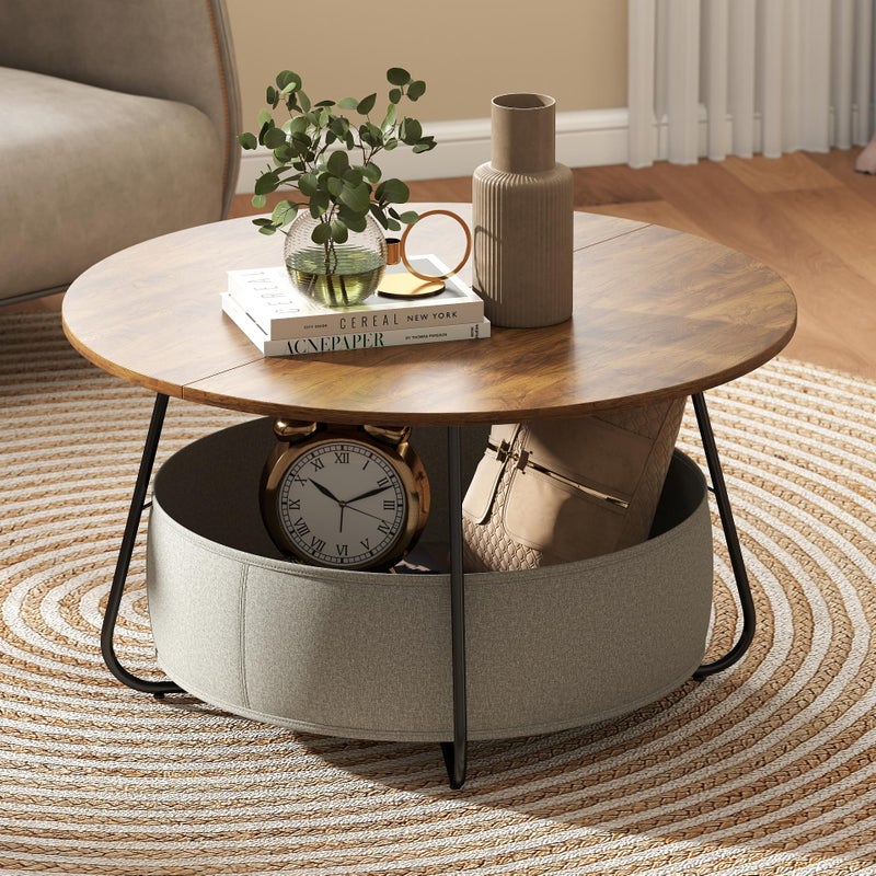 Manora Small Round Coffee Table for Living Room, Modern Center Table with Fabric Basket Storage, Cute Circle Table for Small Spaces, Metal Frame, Brown - Image 1