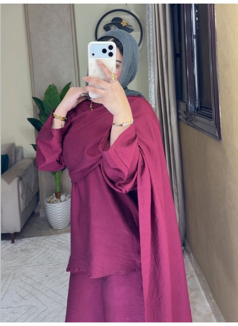 سوت نسائي قطعتين بإسكارف بلوزة ستايل عصري + بنطلون واسع  خامة كتان إسباني محمل تركي  إطلالة شيك للمحجبات  كود 553وان سايز مناسب من 65 إلى 70 كجم تقريبًا براحة - Image 2