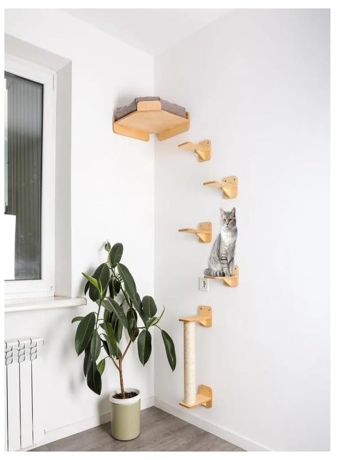 Keebori Wall Mounted Cat Shelves,Wooden Floating Climbing Wall,Wall Steps, Corner Perch Bed with Cushion & Scratching Post, Modern Vertical Playground Gym for Indoor Large,by KEEBORI - Image 1