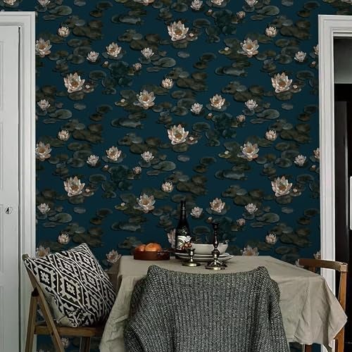 Vinjiasin Dark Blue Floral Peel and Stick Wallpaper Vintage Navy BlueGreen Flower Contact Paper Lotus Removable Oil Painting Wallpaper for Bathroom Bedroom Art Deco Vinyl Roll 173787 - Image 3