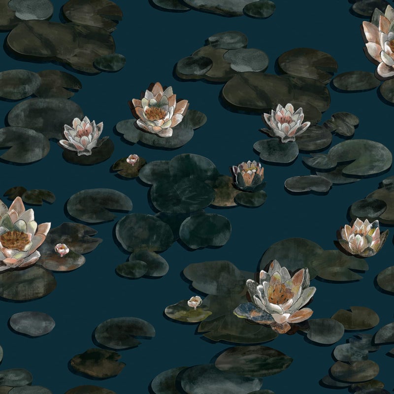 Vinjiasin Dark Blue Floral Peel and Stick Wallpaper Vintage Navy BlueGreen Flower Contact Paper Lotus Removable Oil Painting Wallpaper for Bathroom Bedroom Art Deco Vinyl Roll 173787 - Image 2