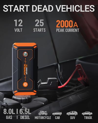 Powrun P-ONE Jump Starter, 2000A Portable Jump Box - Car Jump Starter Battery Pack for up to 8.0L Gas and 6.5L Diesel Engines, 12V Battery Jump Starter with Carry Case (Orange) - Image 2
