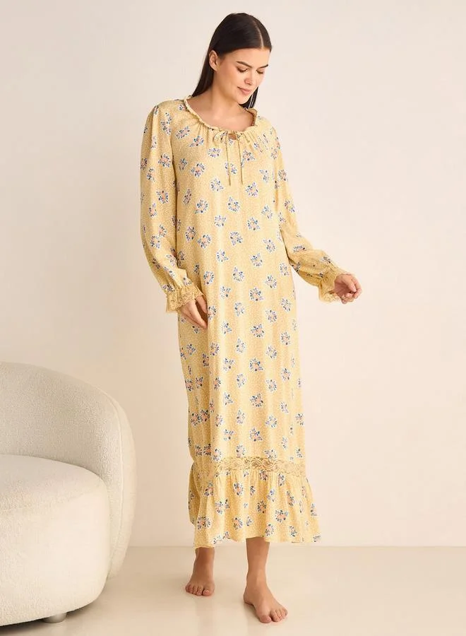 Splash FAV Floral Printed Night Gown with Long Sleeves and Tie-Up Neck