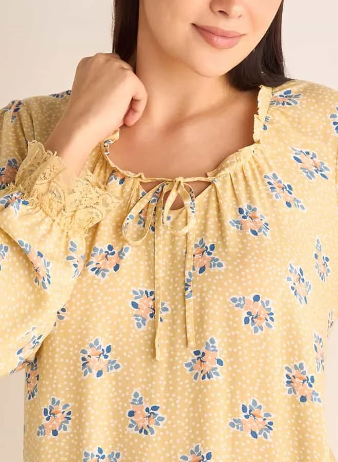 Splash FAV Floral Printed Night Gown with Long Sleeves and Tie-Up Neck