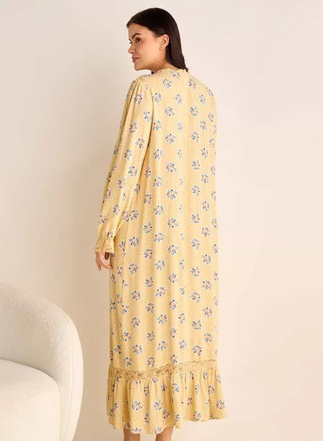 Splash FAV Floral Printed Night Gown with Long Sleeves and Tie-Up Neck