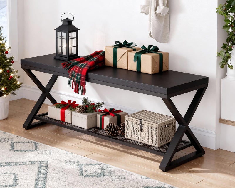 LVB Black Entryway Bench with Storage, Indoor Shoe Bench with Seating for Hallway, Accent Storage Bench for Living Room Bedroom, Simple Small Shoe Rack Benchs for Foyer Entrance, Black Oak, 39 inch - Image 1
