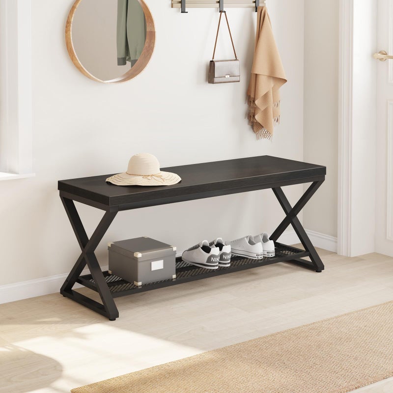LVB Black Entryway Bench with Storage, Indoor Shoe Bench with Seating for Hallway, Accent Storage Bench for Living Room Bedroom, Simple Small Shoe Rack Benchs for Foyer Entrance, Black Oak, 39 inch - Image 3