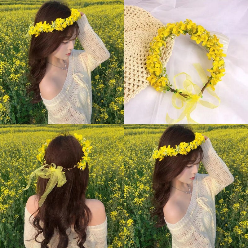 New Childrens Wreath Headband Mori Girls Flower Hair Stamp Hair Strap Headband Girls Flower Girl Super Fairy Headwear 49#Small flower rapeseed wreath