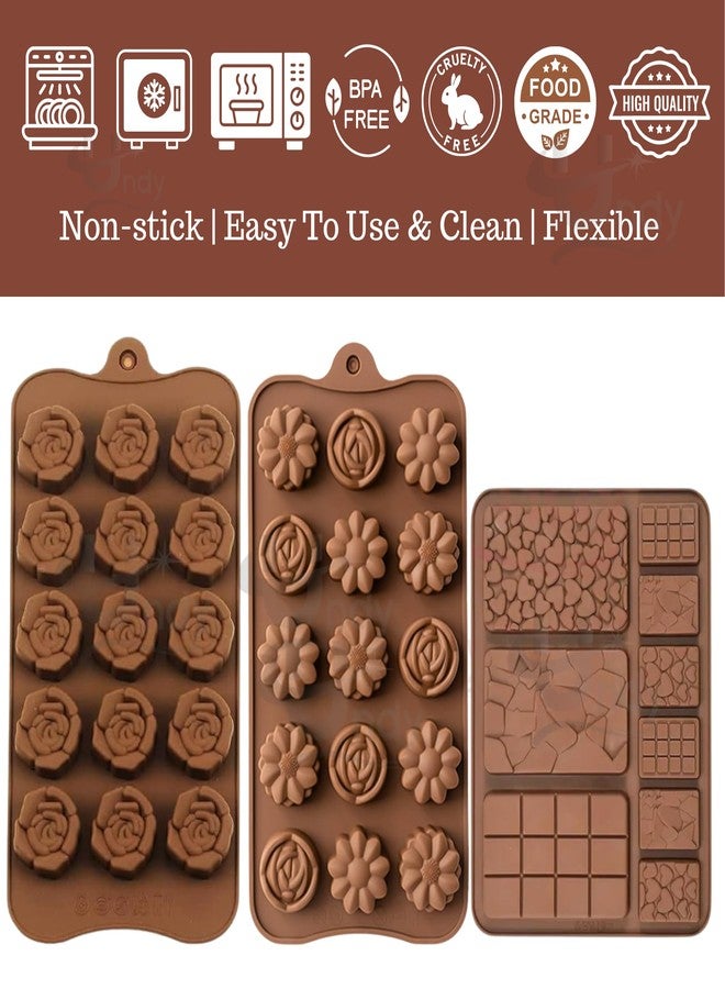 Undy Chocolate Mould Silicone Rose Mix Flowers Rectangle Bars Break Apart Shape Chocolate Mould for Chocolate Making Multipurpose Jelly Ice Cubes Cake Decoration Tools, 3 PCS, Brown - Image 3