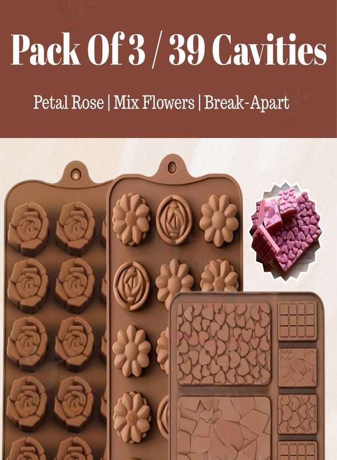 Undy Chocolate Mould Silicone Rose Mix Flowers Rectangle Bars Break Apart Shape Chocolate Mould for Chocolate Making Multipurpose Jelly Ice Cubes Cake Decoration Tools, 3 PCS, Brown - Image 2