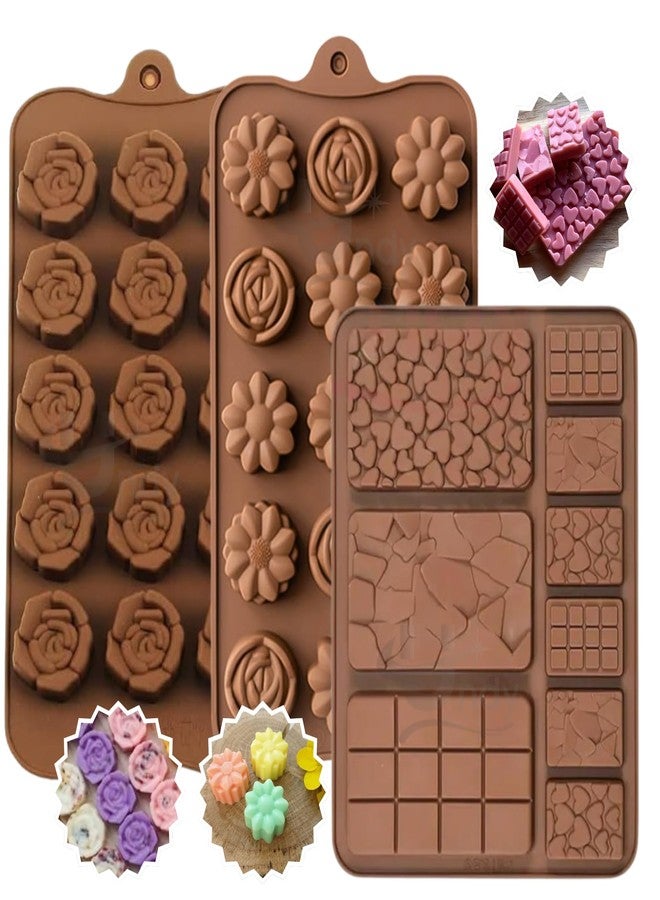 Undy Chocolate Mould Silicone Rose Mix Flowers Rectangle Bars Break Apart Shape Chocolate Mould for Chocolate Making Multipurpose Jelly Ice Cubes Cake Decoration Tools, 3 PCS, Brown - Image 1