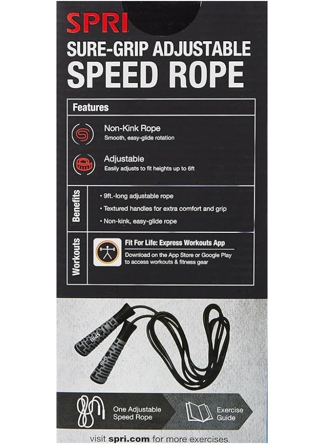 SPRI Sure‑Grip Adjustable Speed Rope – 9 ft Kink‑Free Jump Rope with Sure‑Grip Foam Handles