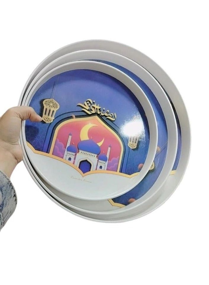 Spaceshoop Decorative Ramadan Serving Tray Set, Islamic Design, 3 Pieces (Multi Shape and Color )
