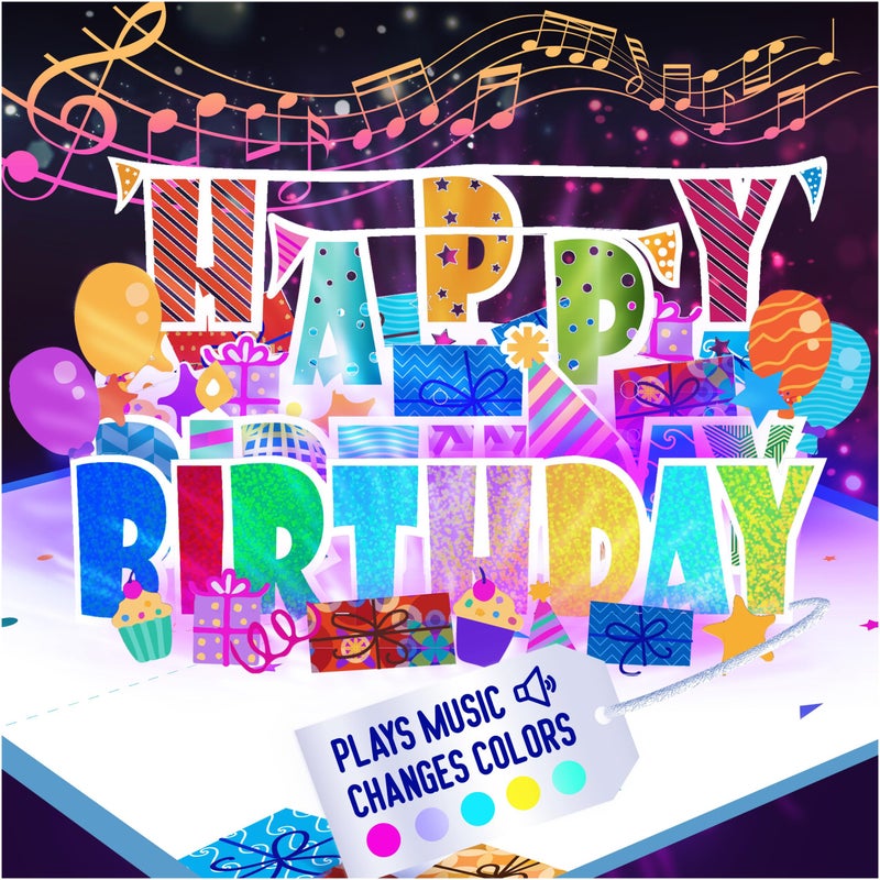 100 GREETINGS 3D Pop Up Birthday Card - Plays 'Happy' with Lights & Music, Unique BDay Singalong for Women, Men, Mom, Grandma & Grandpa - Image 1