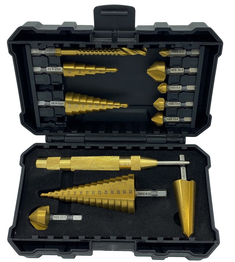 NordWolf 12Piece HSS Titanium Metric Step Countersink Cone Drills with 14 Hex Shank Multi Drill Saw Automatic Center Punch Set in Storage Case
