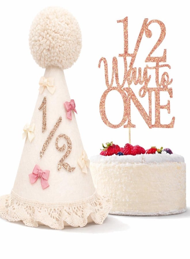 UreverFins Boho 1/2 Birthday Girl Hat & “1/2 Way to One” Cake Topper Set, Bow Half Baby Crown 6-Month Birthday Party Supplies, Half Birthday Decorations for Girl Outfit, Cake Smash Photo Props & Gifts - Image 1