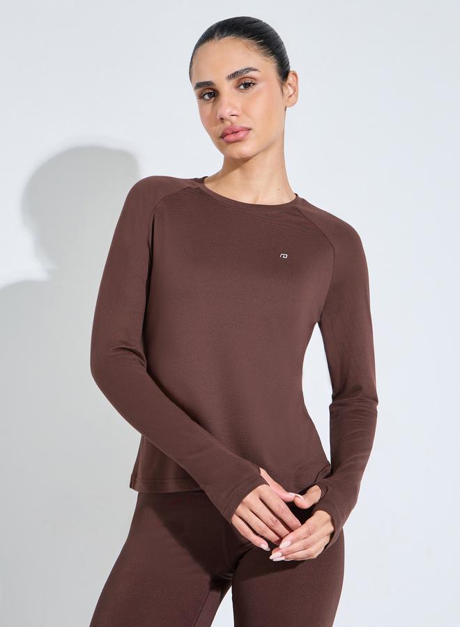 Styli Active Brown Solid Long Sleeve Activewear Top - Image 1