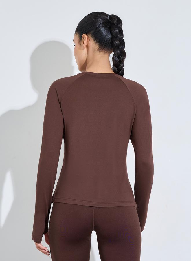 Styli Active Brown Solid Long Sleeve Activewear Top - Image 4
