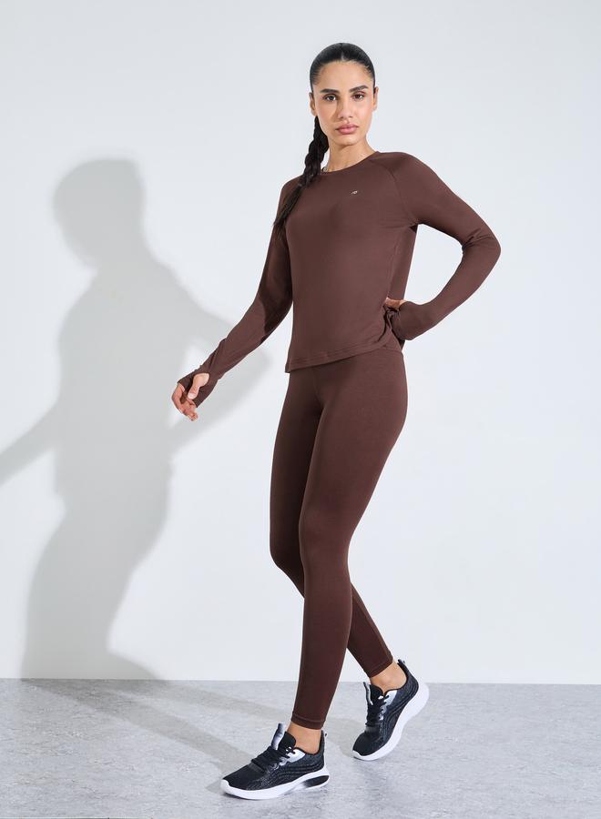 Styli Active Brown Solid Long Sleeve Activewear Top - Image 2