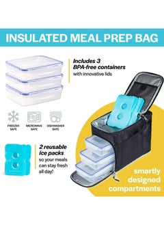 SINCO Lunch Bag Insulated Cooler Lunch Box 3 Compartment, Strong SBS Zippers Includes 3 Meal Prep Lunch box Containers and 2 Ice Packs  - Image 2