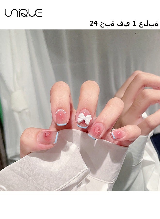 Unique 24Pcs Fake Nails, Press Nails, Short Checkerboard Nail Art - Heart Blush Manicure - Blue Edge Bow Manicure-Fake Nail Patch - Image 1