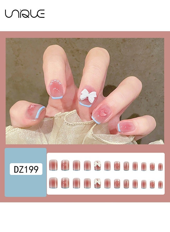 Unique 24Pcs Fake Nails, Press Nails, Short Checkerboard Nail Art - Heart Blush Manicure - Blue Edge Bow Manicure-Fake Nail Patch - Image 2
