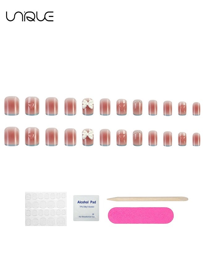 Unique 24Pcs Fake Nails, Press Nails, Short Checkerboard Nail Art - Heart Blush Manicure - Blue Edge Bow Manicure-Fake Nail Patch - Image 4