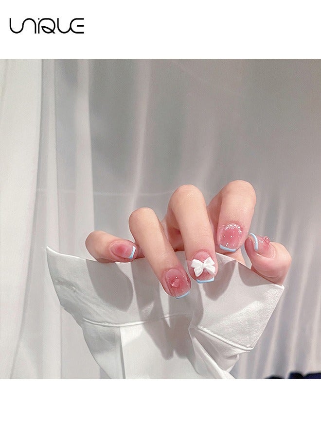 Unique 24Pcs Fake Nails, Press Nails, Short Checkerboard Nail Art - Heart Blush Manicure - Blue Edge Bow Manicure-Fake Nail Patch - Image 5