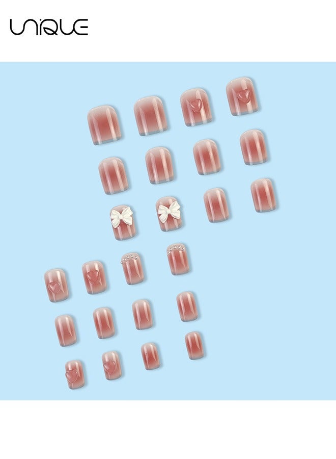 Unique 24Pcs Fake Nails, Press Nails, Short Checkerboard Nail Art - Heart Blush Manicure - Blue Edge Bow Manicure-Fake Nail Patch - Image 3