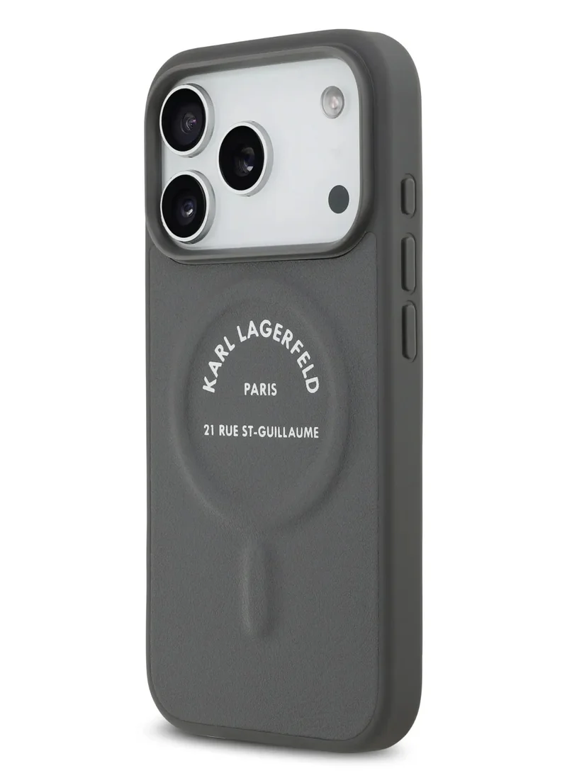 كارل لاغرفيلد جراب MagSafe لهاتف iPhone 17 Pro Maxمصنوع من مادة البولي يوريثان مع أزرار شعار Karl RSG / سهل التركيب / تصميم رفيع / خفيف الوزن / غطاء خلفي - رمادي