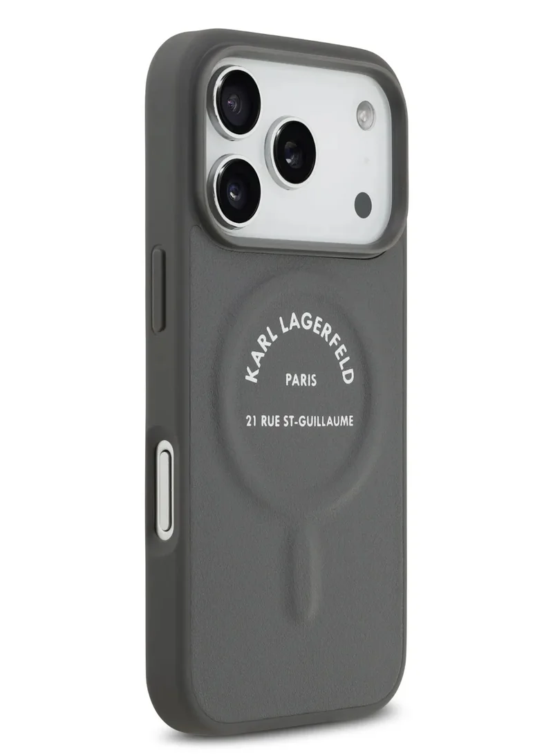 كارل لاغرفيلد جراب MagSafe لهاتف iPhone 17 Pro Maxمصنوع من مادة البولي يوريثان مع أزرار شعار Karl RSG / سهل التركيب / تصميم رفيع / خفيف الوزن / غطاء خلفي - رمادي