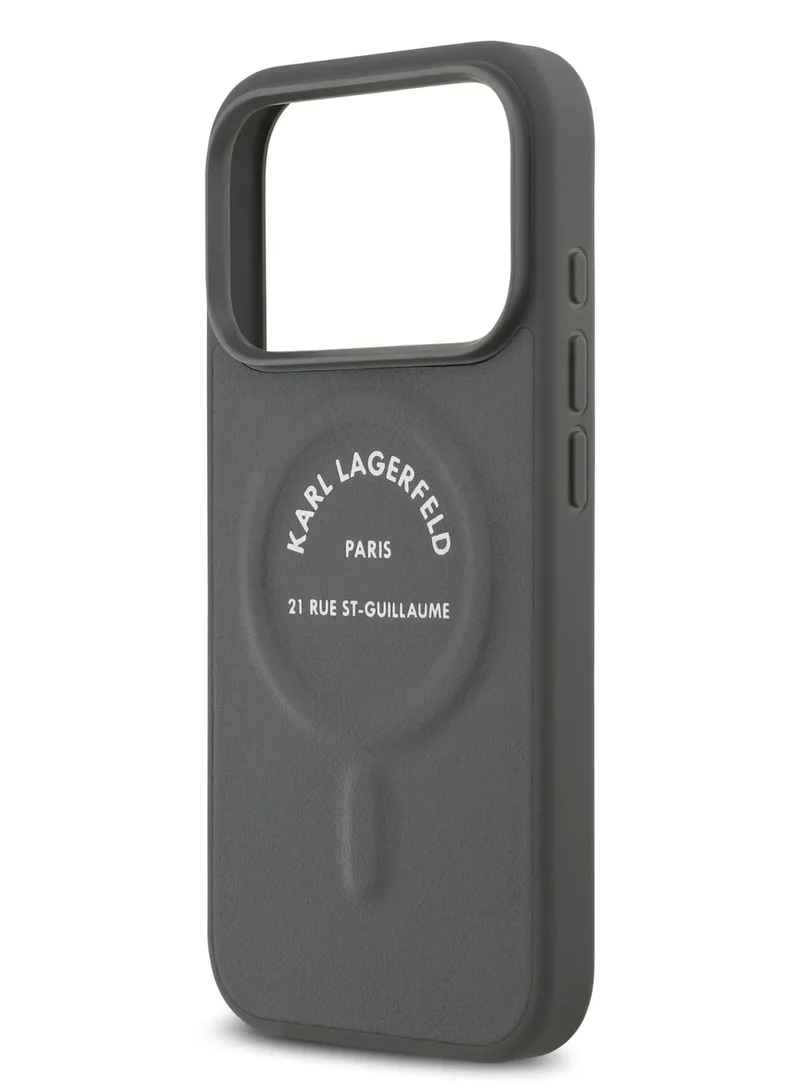 كارل لاغرفيلد جراب MagSafe لهاتف iPhone 17 Pro Maxمصنوع من مادة البولي يوريثان مع أزرار شعار Karl RSG / سهل التركيب / تصميم رفيع / خفيف الوزن / غطاء خلفي - رمادي