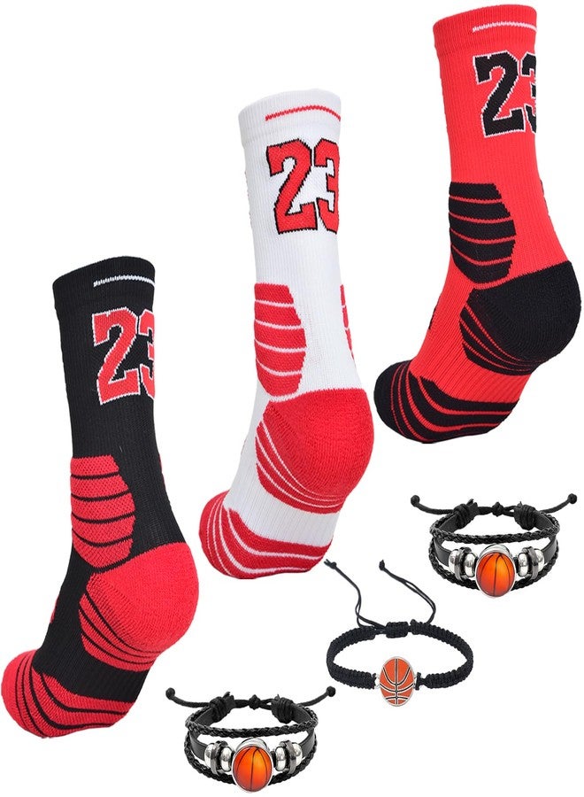 Popuid 3 Pairs Basketball Crew Socks, 23 Mens Athletic Sock with Shoelace Bracelets, League Team Sports-Star-Fans Gift (Set 1) - Image 1