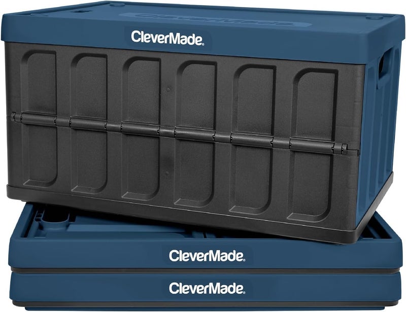 CleverMade Collapsible Storage Bins with Lids (46L, 3 Pack) â€“ Stackable Foldable Plastic Storage Crates for Home, Closet & Trunk Organization - Ocean - Image 1