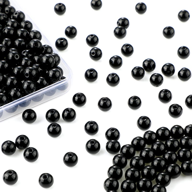 Kigeli 300 Pcs 8 mm Black Glass Beads Black Onyx Agate Imitation Gemstone Obsidian Stone Round Loose Beads for Bracelet Jewelry Making Necklace Earrings DIY Crafts