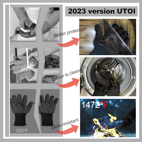 UTOI BBQ Grill Gloves, 1472°F Heat Resistant Barbecue Gloves Oven Mitts, Silicone Non-Slip Cooking Gloves for Kitchen, Grilling and Baking, EN407 Certified, 13 inch Long, Black, XL Size - Image 4