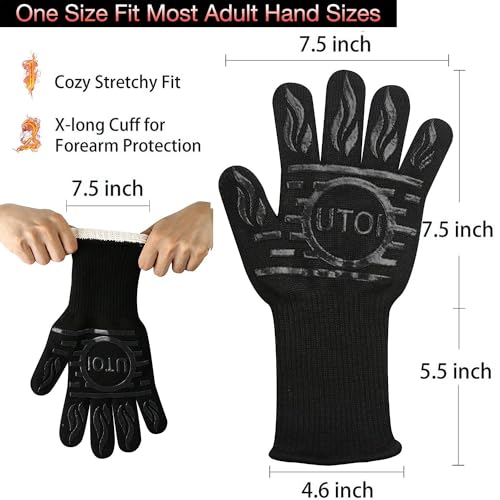 UTOI BBQ Grill Gloves, 1472°F Heat Resistant Barbecue Gloves Oven Mitts, Silicone Non-Slip Cooking Gloves for Kitchen, Grilling and Baking, EN407 Certified, 13 inch Long, Black, XL Size - Image 3