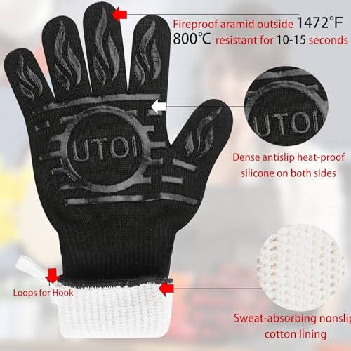 UTOI BBQ Grill Gloves, 1472°F Heat Resistant Barbecue Gloves Oven Mitts, Silicone Non-Slip Cooking Gloves for Kitchen, Grilling and Baking, EN407 Certified, 13 inch Long, Black, XL Size - Image 5