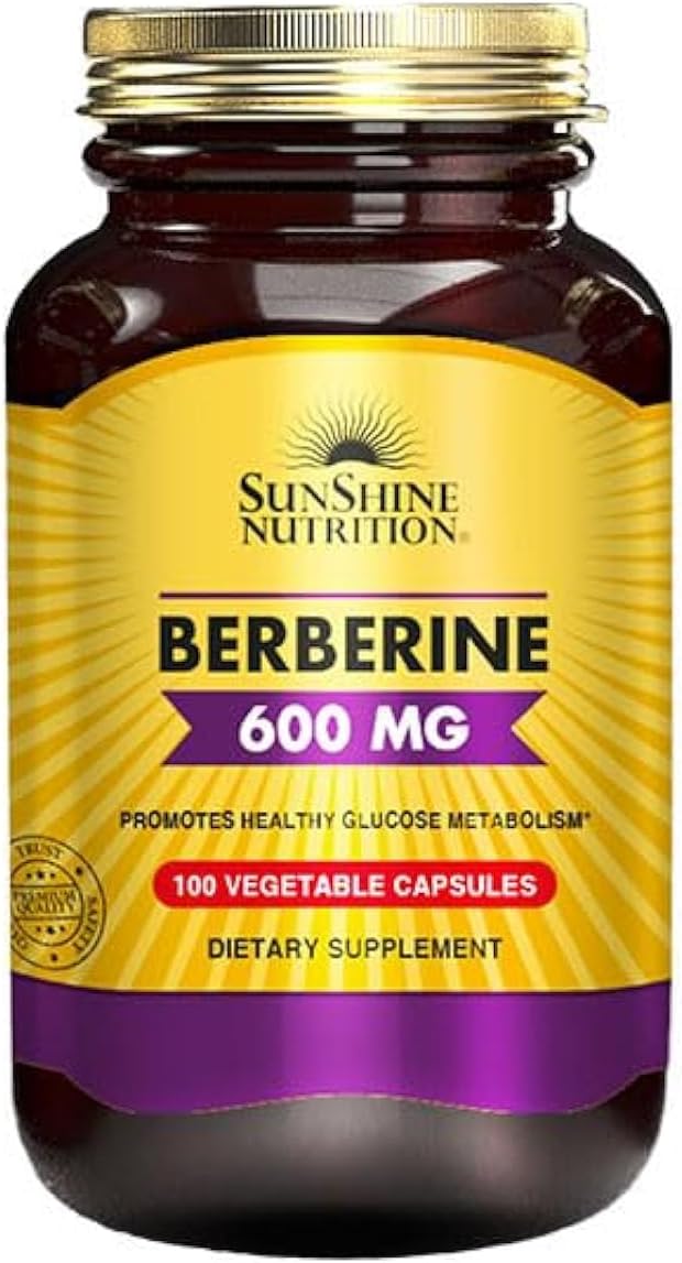 SUNSHINE NUTRITION Berberine Supplement 600mg – Supports Blood Sugar, Cholesterol & Metabolism – 100 Capsules - Image 1