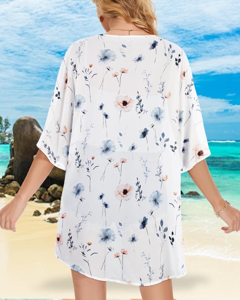 CHICGAL Women's Floral Kimono Print Puff Sleeve Loose Cardigan Cover Up Casual Blouse Tops (White Blue Flower, L) - Image 5
