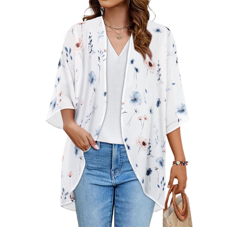 CHICGAL Women's Floral Kimono Print Puff Sleeve Loose Cardigan Cover Up Casual Blouse Tops (White Blue Flower, L) - Image 1