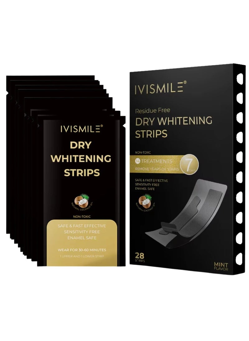 IVISMILE Residue Free Dry Whitening Strips 14 Treatments 28 Strips Dry Coconut Whitening Strips with Mint Safe Effective No Residue Whiten Teeth Strips Remove Tea Coffee and Food Stains PAP + Strips  - Image 1