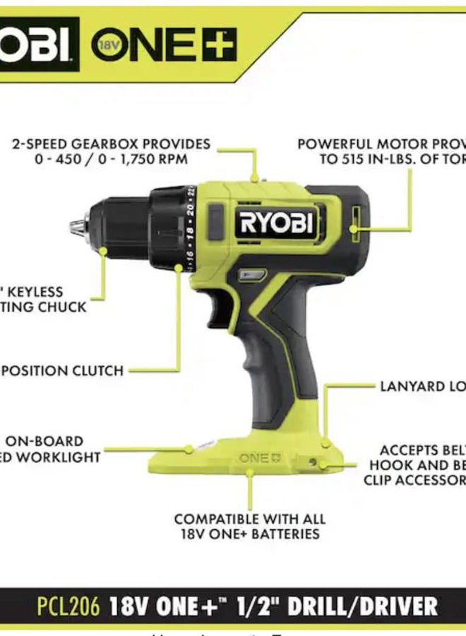 Ryobi ONE+ 18V Cordless 1/2 in. Drill/Driver (Tool Only) PCL206B Black Green - Image 2