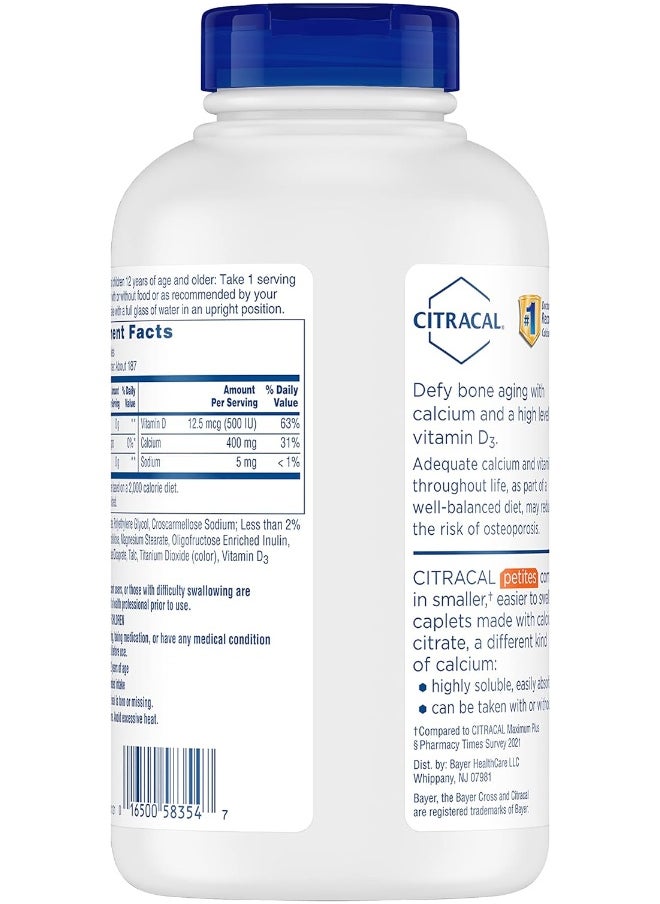 Petites, Highly Soluble, Easily Digested, 400 Mg Calcium Citrate With 500 Iu Vitamin D3, Bone Health Supplement For Adults, Relatively Small Easy-To-Swallow Caplets, 375 Count