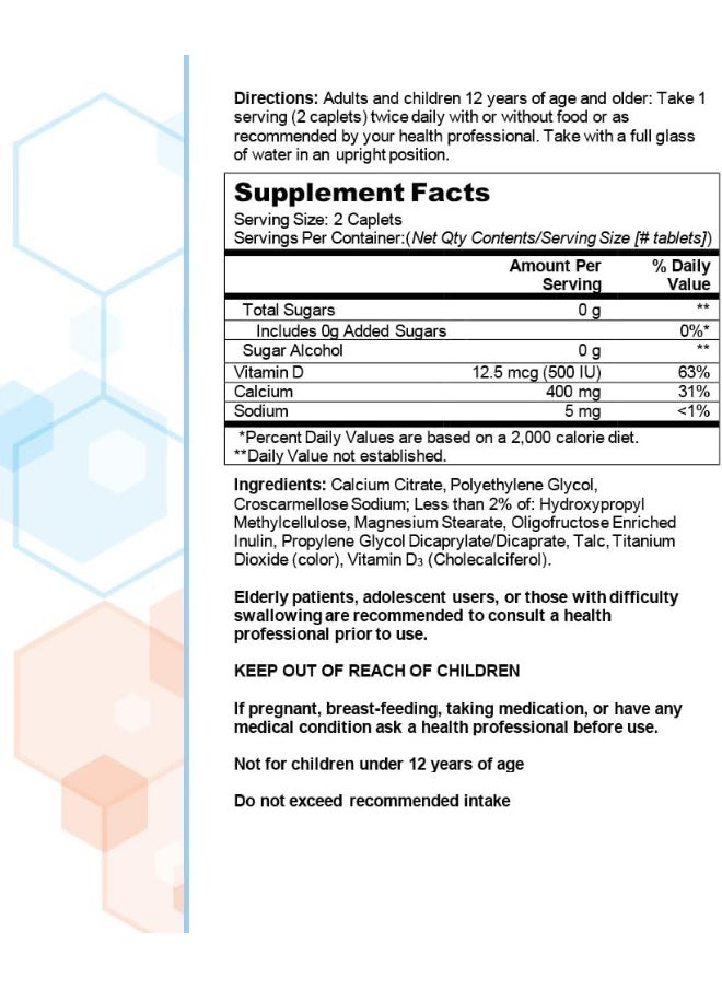 Petites, Highly Soluble, Easily Digested, 400 Mg Calcium Citrate With 500 Iu Vitamin D3, Bone Health Supplement For Adults, Relatively Small Easy-To-Swallow Caplets, 375 Count